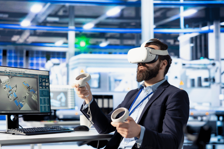 Male manufacturer using a VR headset